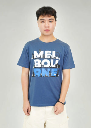 Men's navy round-neck short-sleeve T-shirt with bold city skyline graphic on front