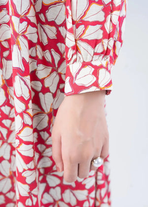 Pink and white abstract print long-sleeve dress with gathered neckline detail