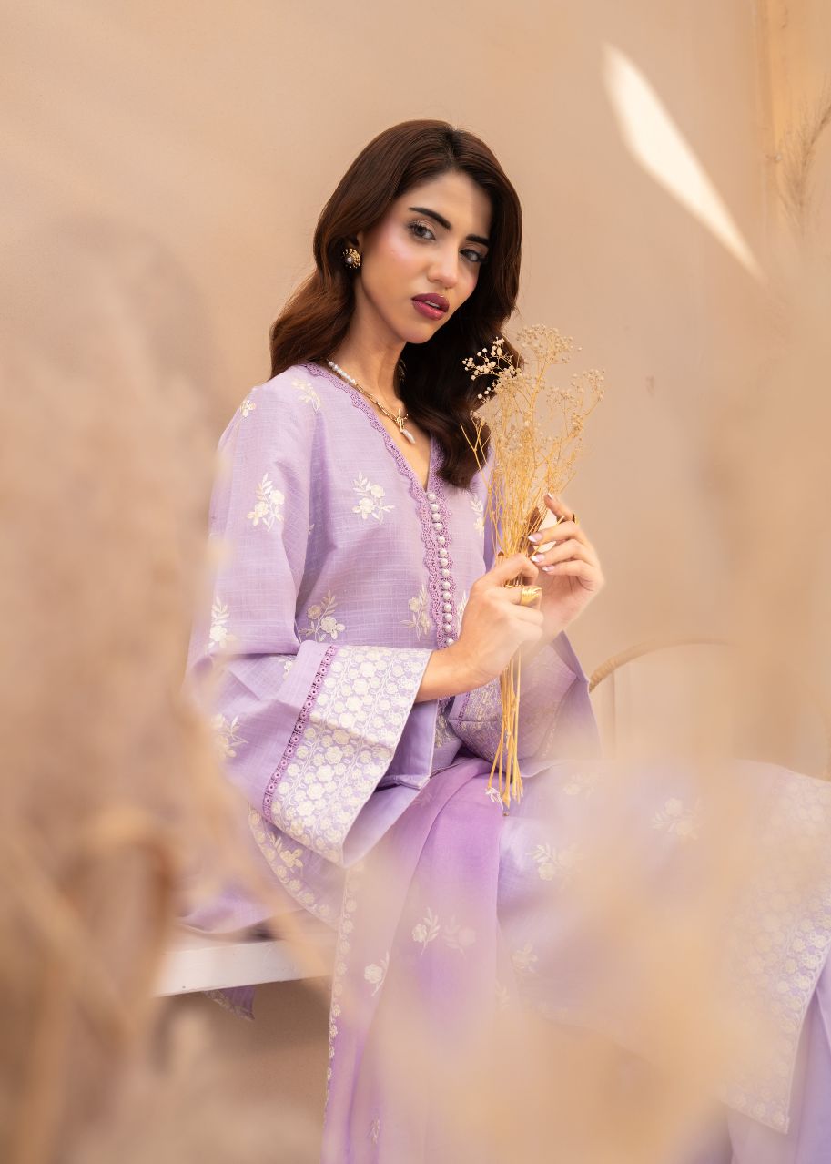 Lilac embroidered kurta set with button-front placket and matching dupatta overlay