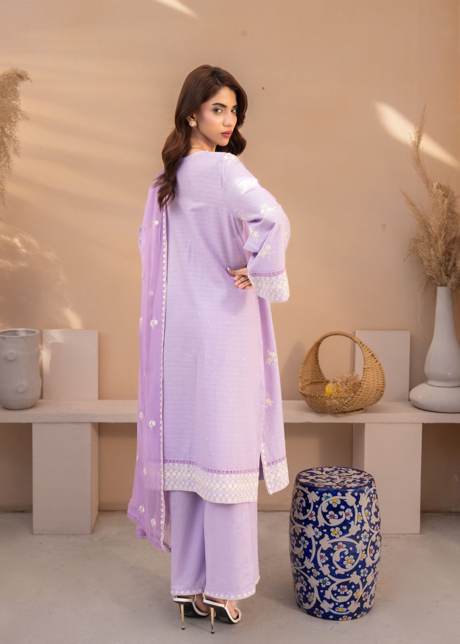 Lilac embroidered tunic with scalloped hem and matching wide-leg pants