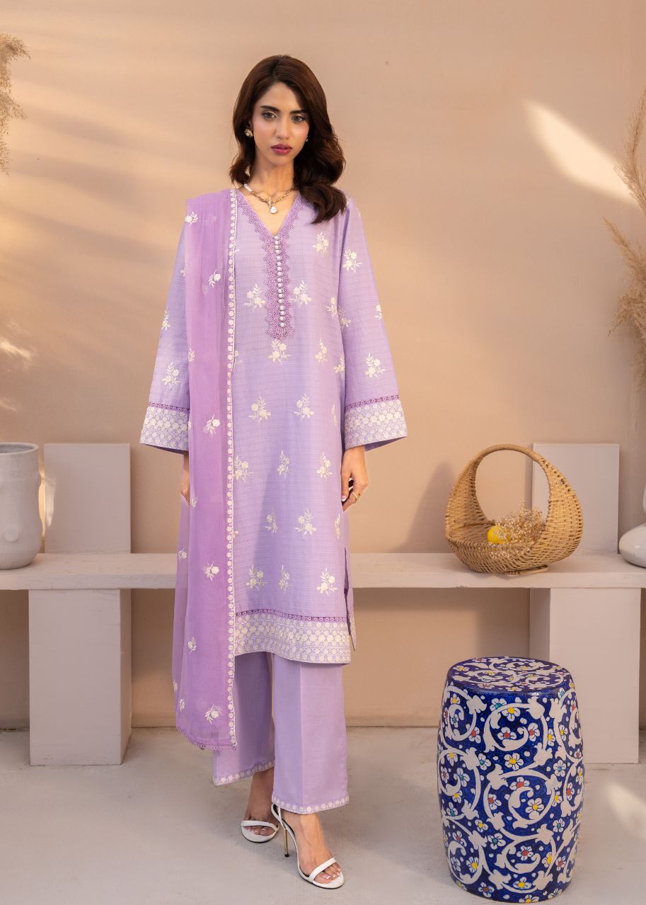 Lilac embroidered 3-piece kurta set with matching pants and dupatta, three-quarter sleeves