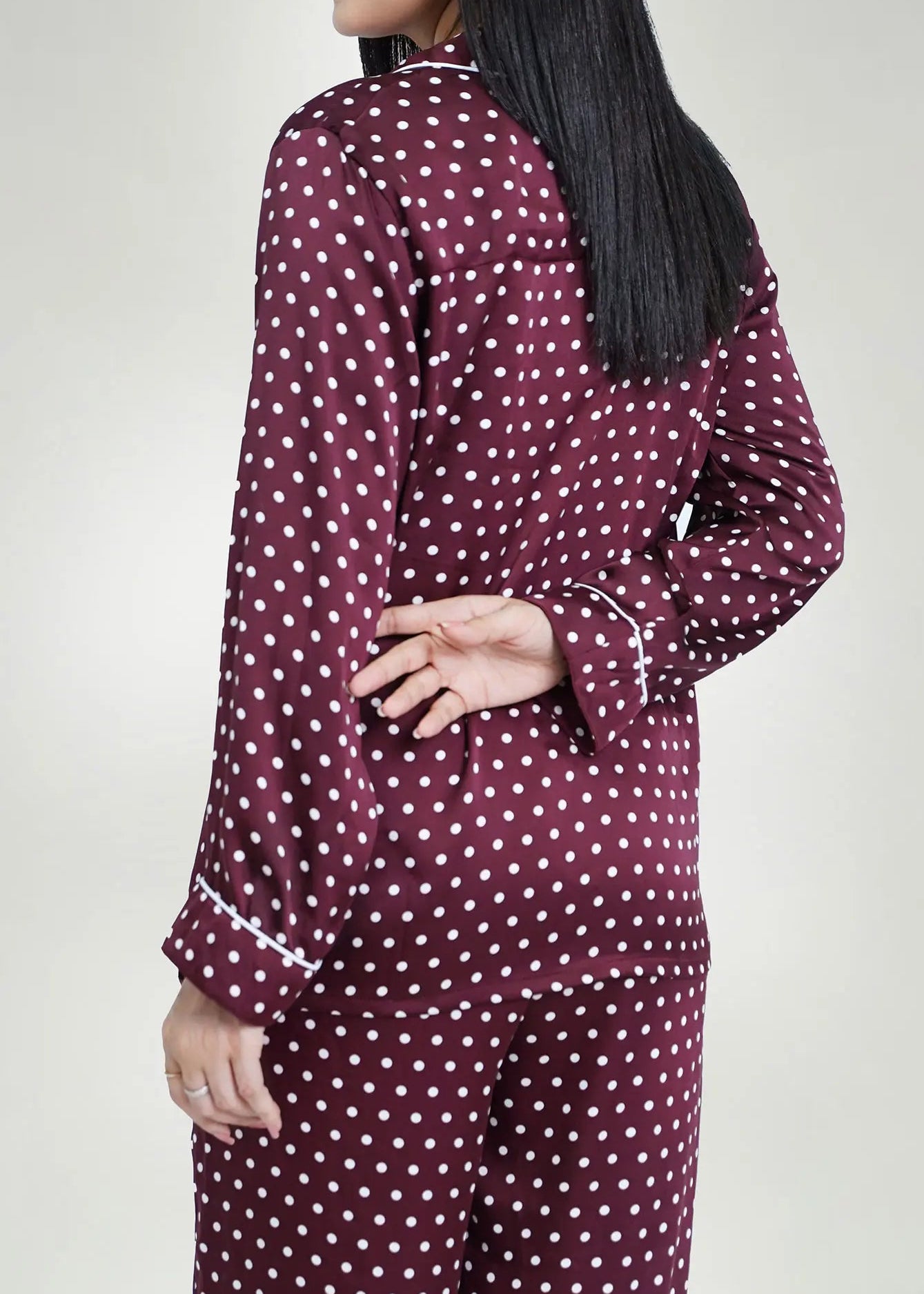 Men's winter night suit in burgundy with white dot print, button-up pajama top