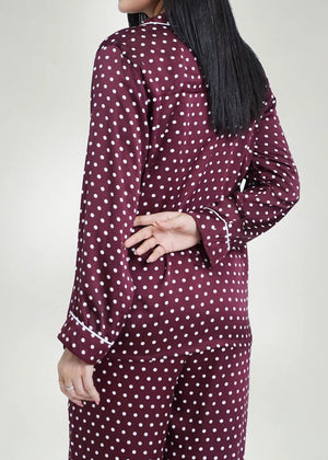 Men's winter night suit in burgundy with white dot print, button-up pajama top