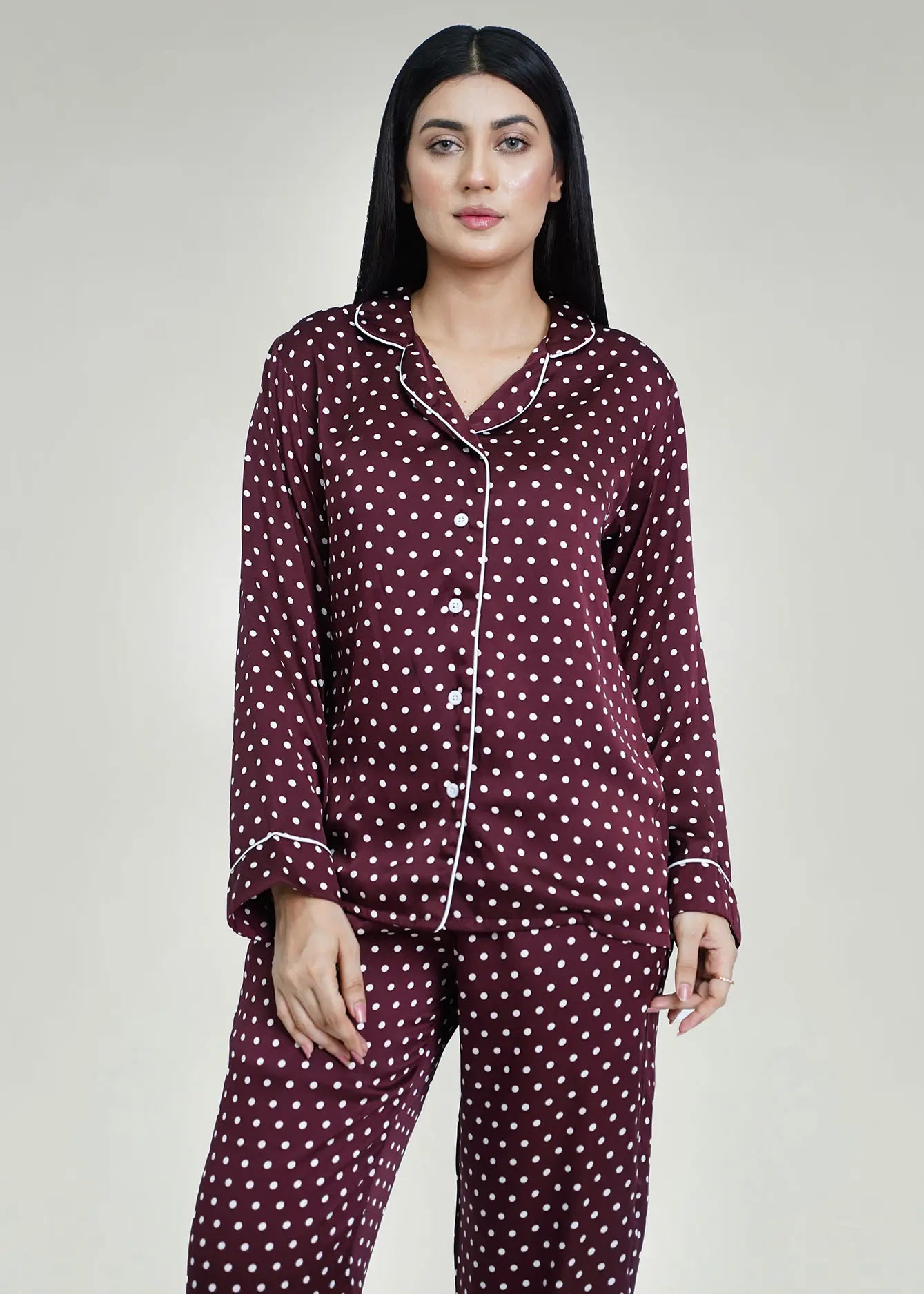 Men's winter night suit, burgundy dotted pajama set with button front and matching pants