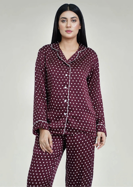 Picture of LDS-6945 CO-ORD SET BURGUNDY DOTS - Chenone Official - Online Shopping