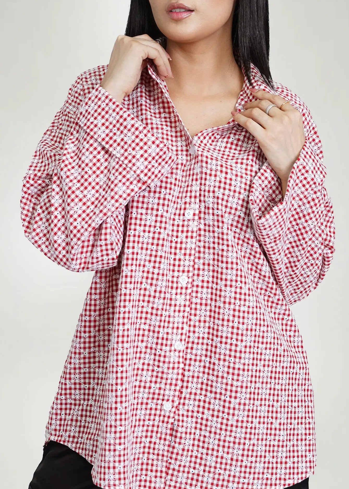 Men's red-and-white check cotton shirt with button front and spread collar