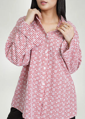 Men's red-and-white check cotton shirt with button front and spread collar