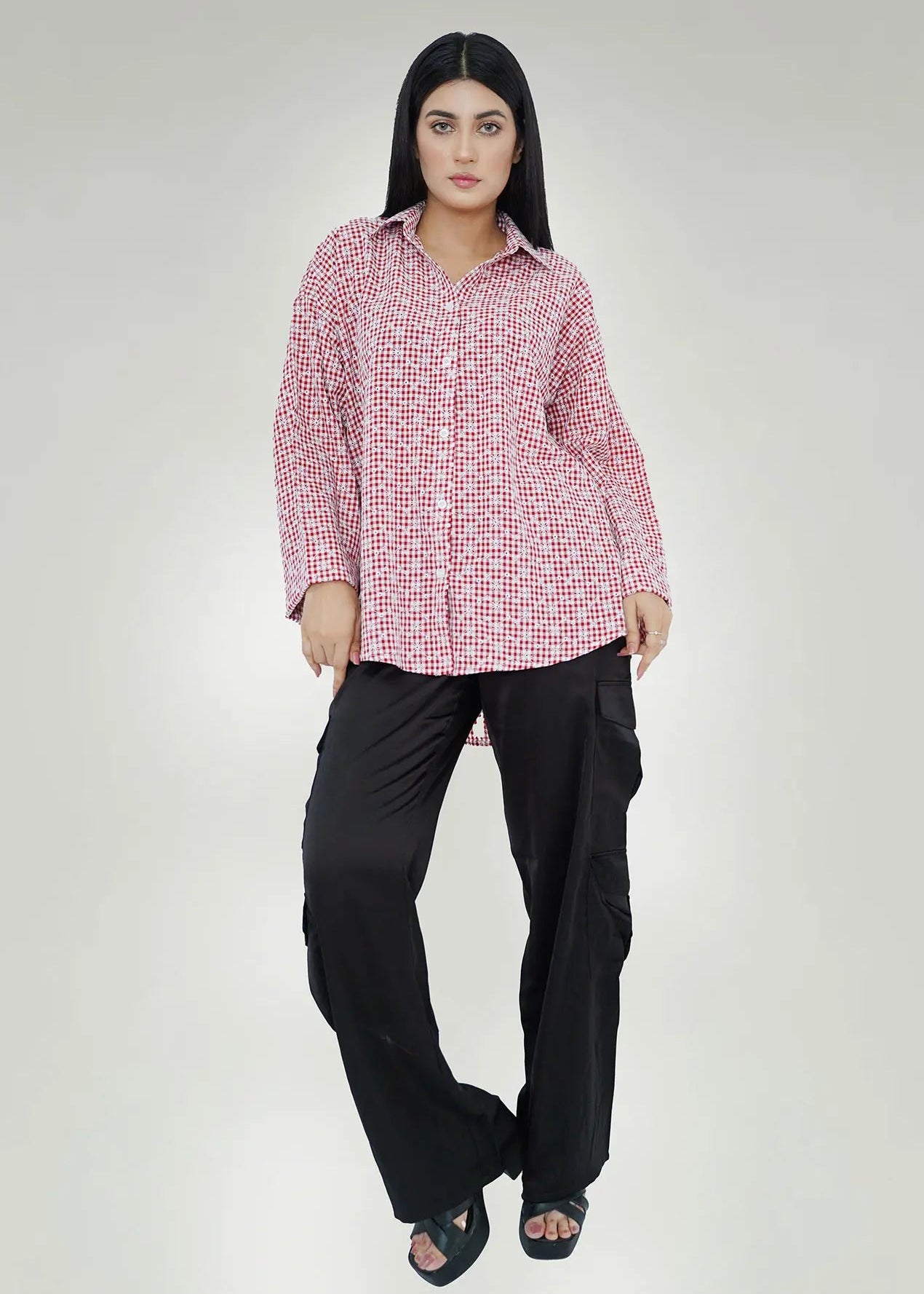 Men's red-and-white check cotton shirt, long sleeves, button front, spread collar