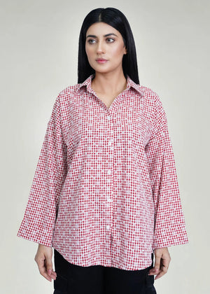 Men's red-and-white check cotton shirt with long sleeves and button front