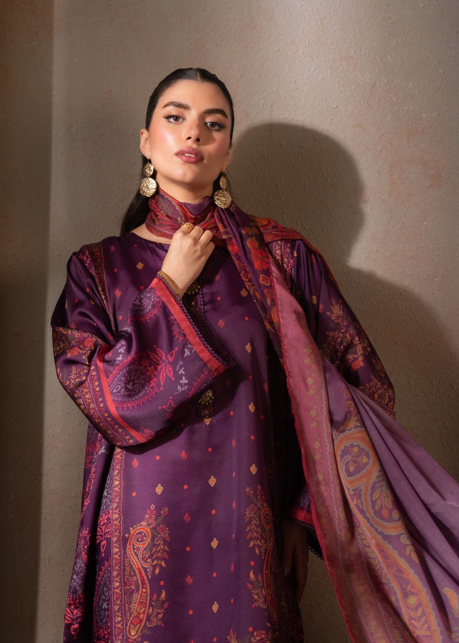 Women's printed 3-piece silk suit, maroon/purple kurta with dupatta drape and neck detailing