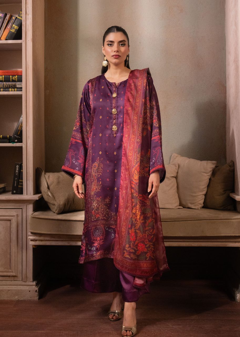 Women's printed 3-piece silk suit, long maroon/purple tunic with matching pants (full front)