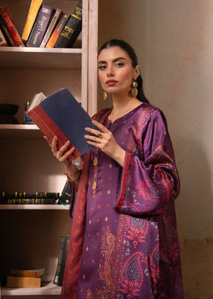 Women's printed 3-piece silk suit, maroon/purple kurta with button-front and flowing dupatta