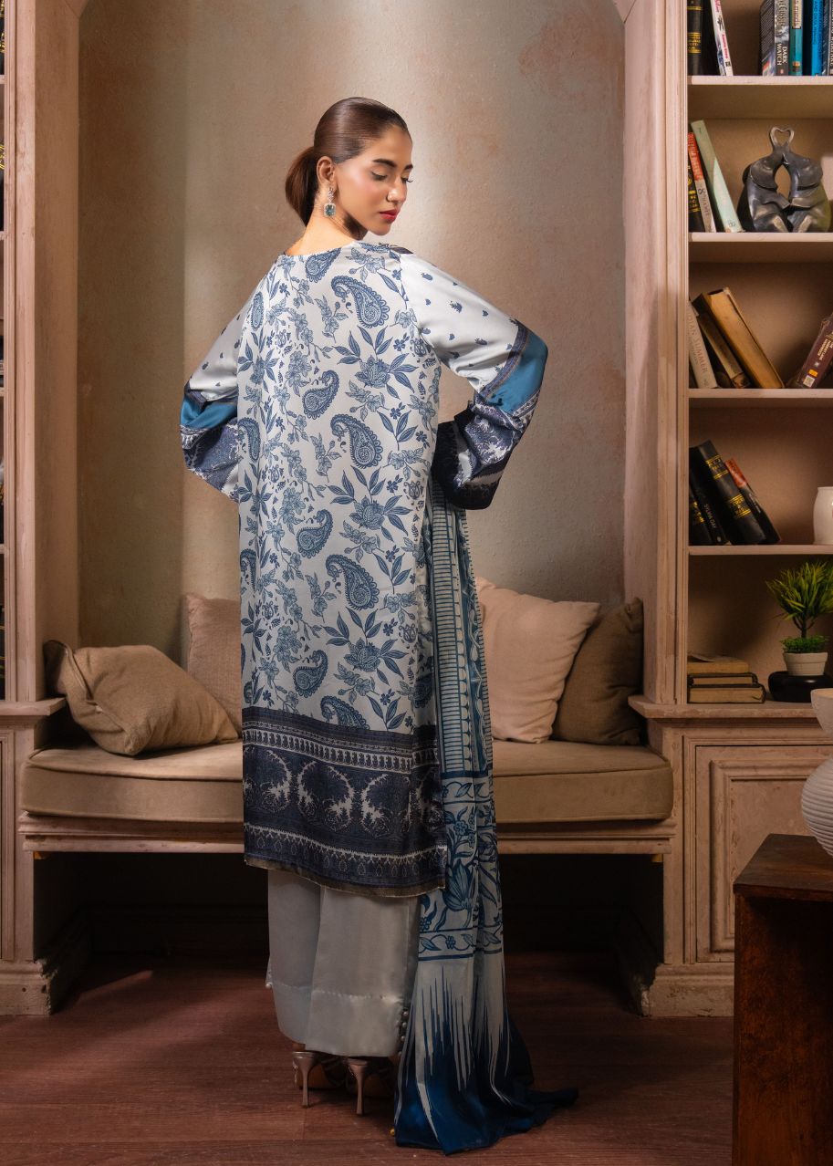 Women's 3-piece printed suit: long tunic and pants with blue floral print, draped dupatta