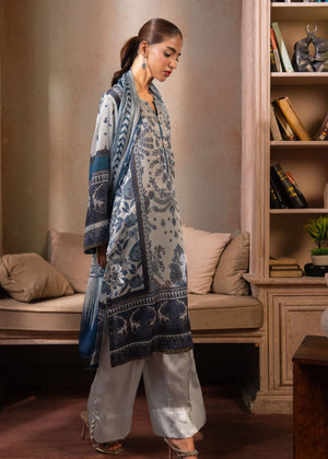 Women's 3-piece printed suit: long tunic with blue motif print, matching pants, dupatta