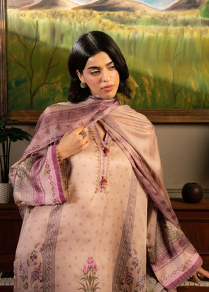 Light pink 3-piece suit top with purple tassel trim; dupatta draped over shoulders