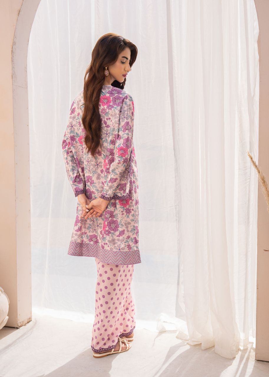 Women's embroidered 2-piece set with floral tunic and pink polka-dot pants
