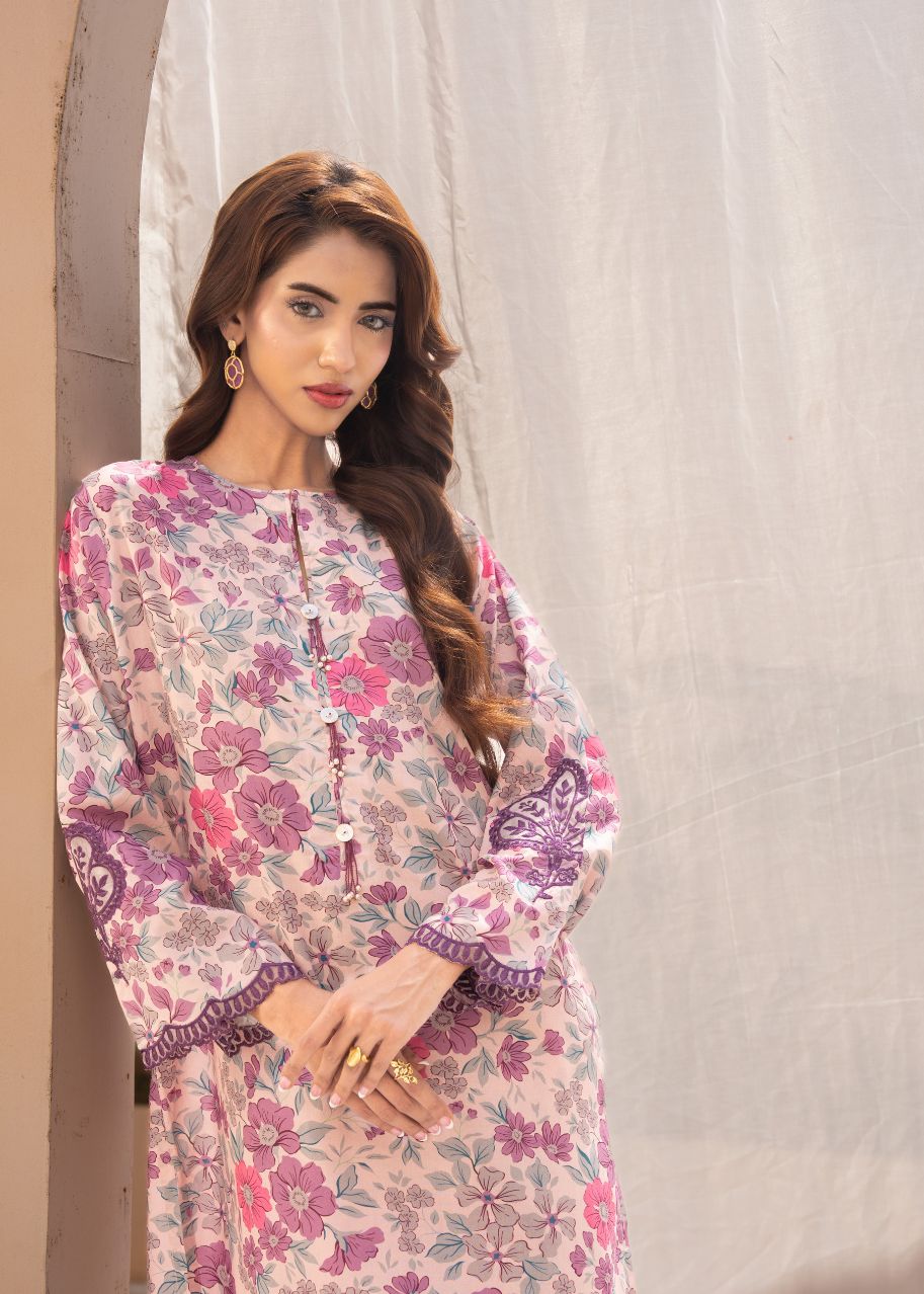 Women's embroidered floral tunic with cuff detailing and round neckline, 2-piece set