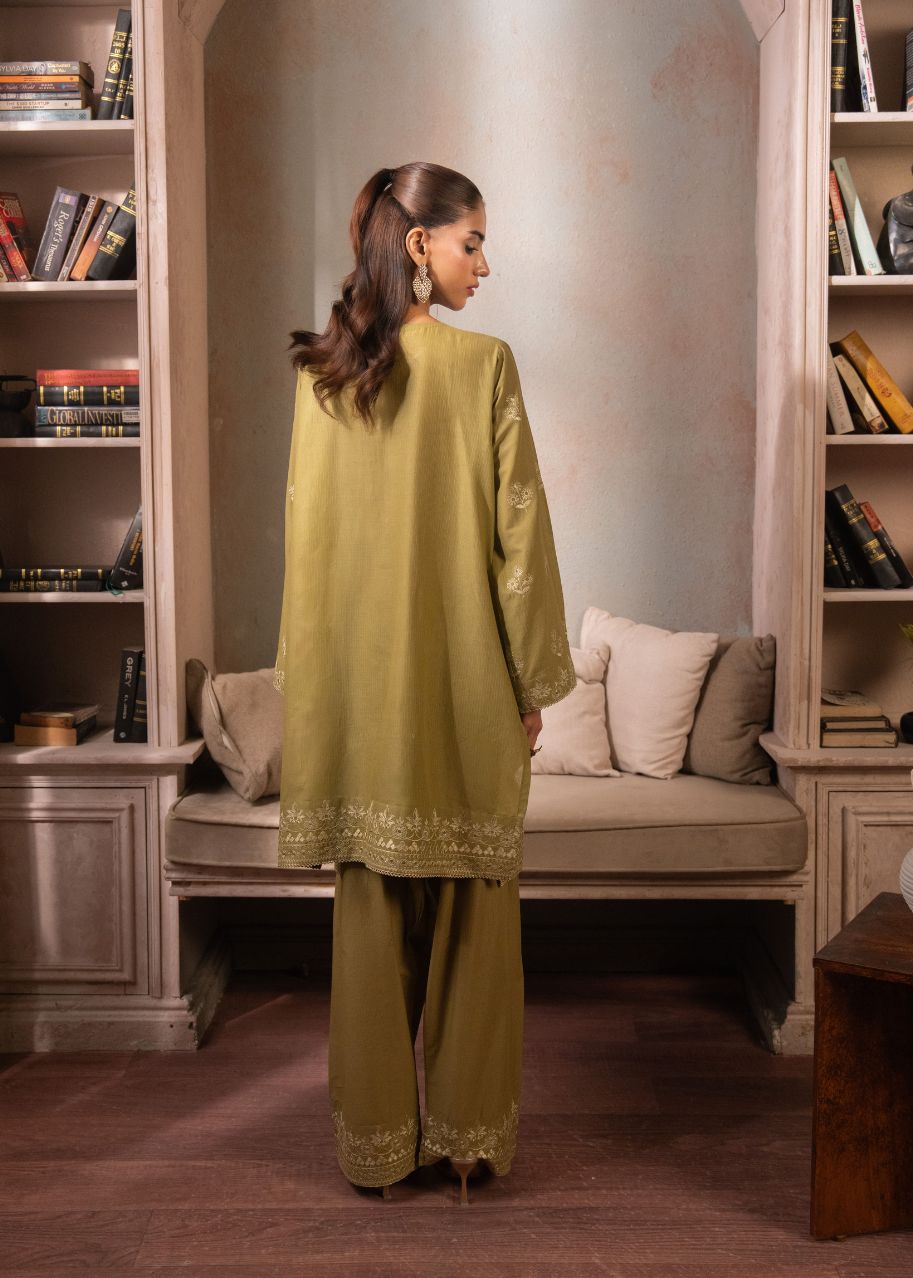 Olive green embroidered kurta and matching pants, back view with long sleeves