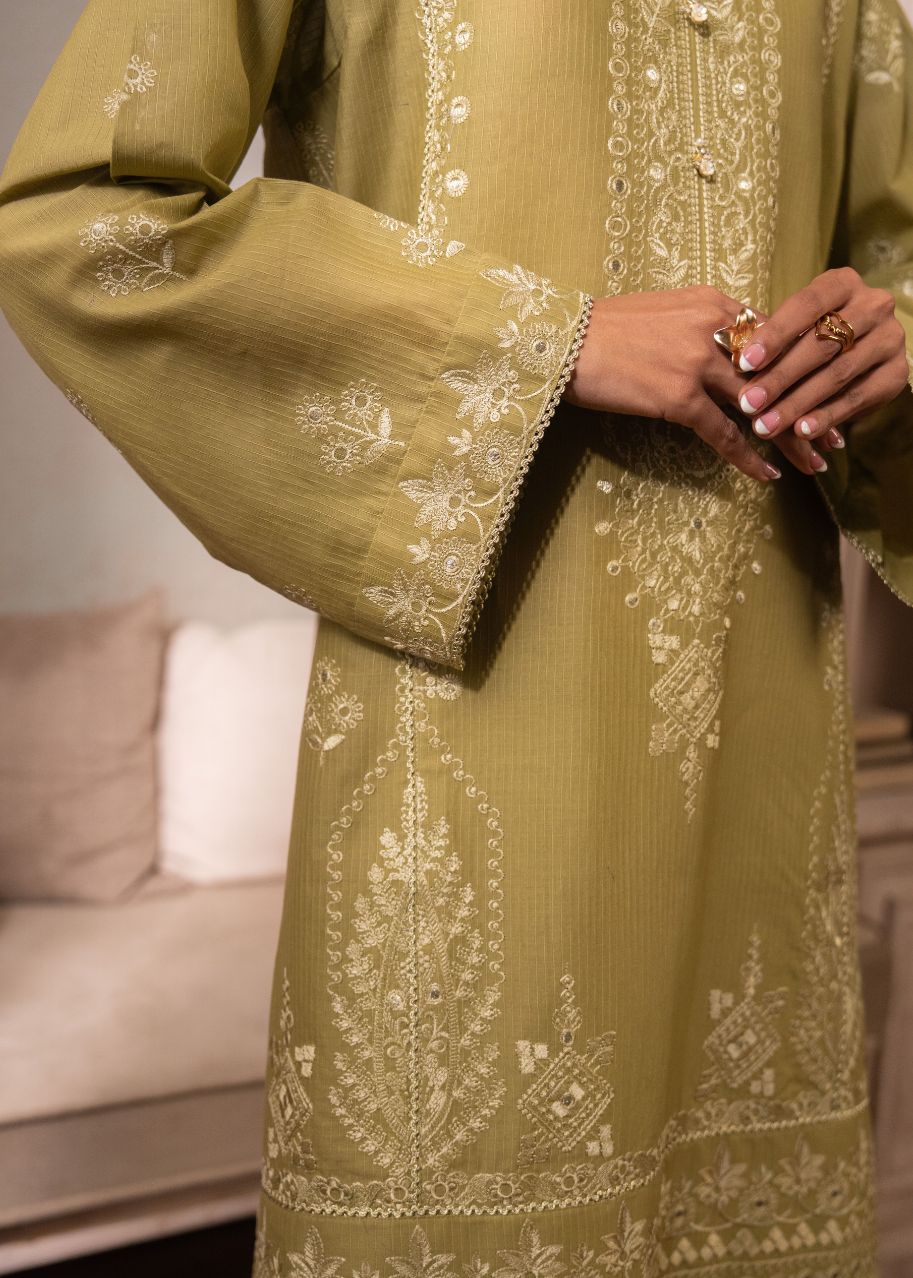Olive green embroidered kurta with matching pants, wide sleeves and gold trim