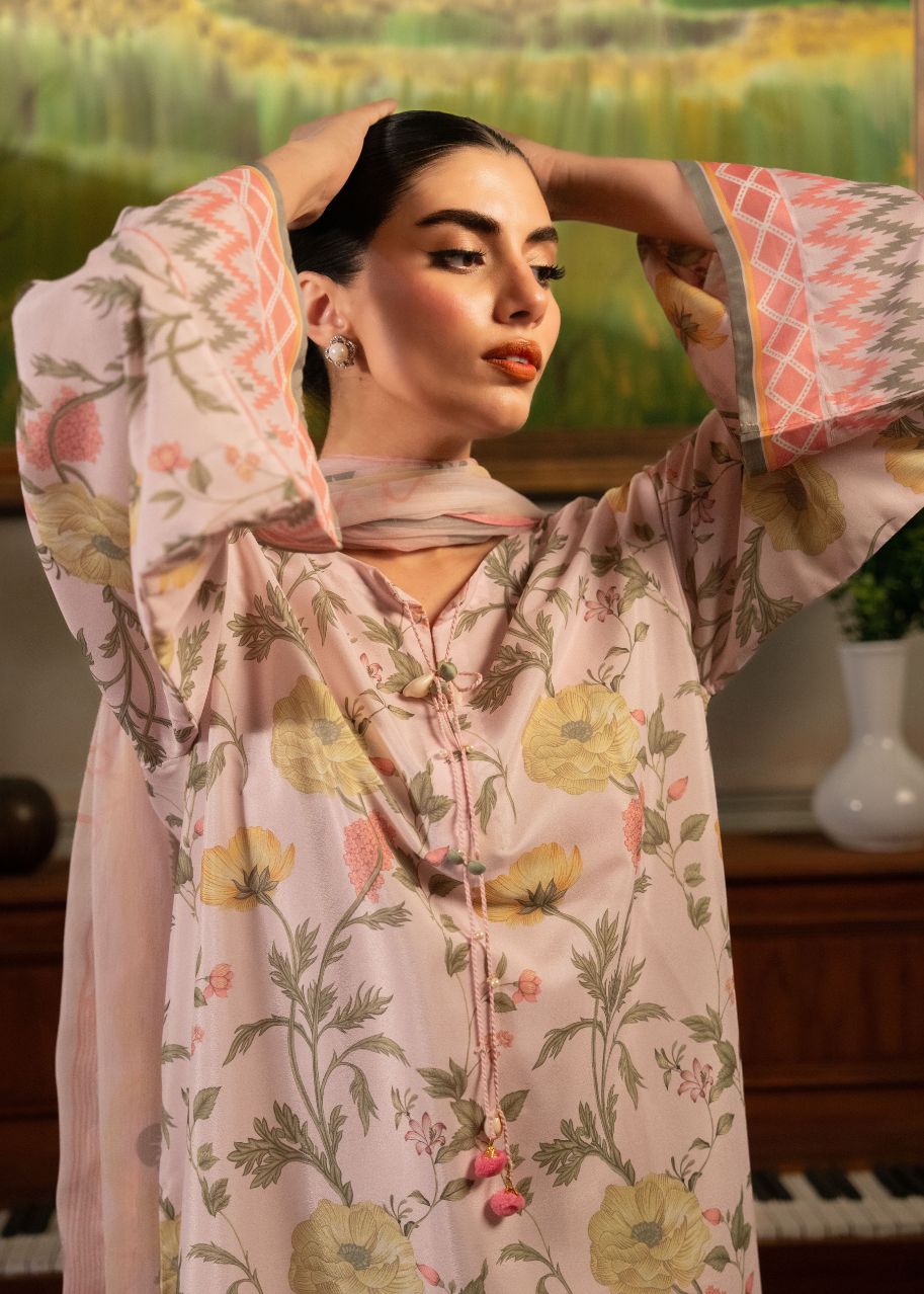 Women's pink floral 3-piece summer suit: V-neck kurta with button placket, wide sleeves