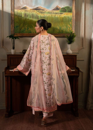 Women's pink floral 3-piece summer suit: back view with flowing dupatta and long kurta