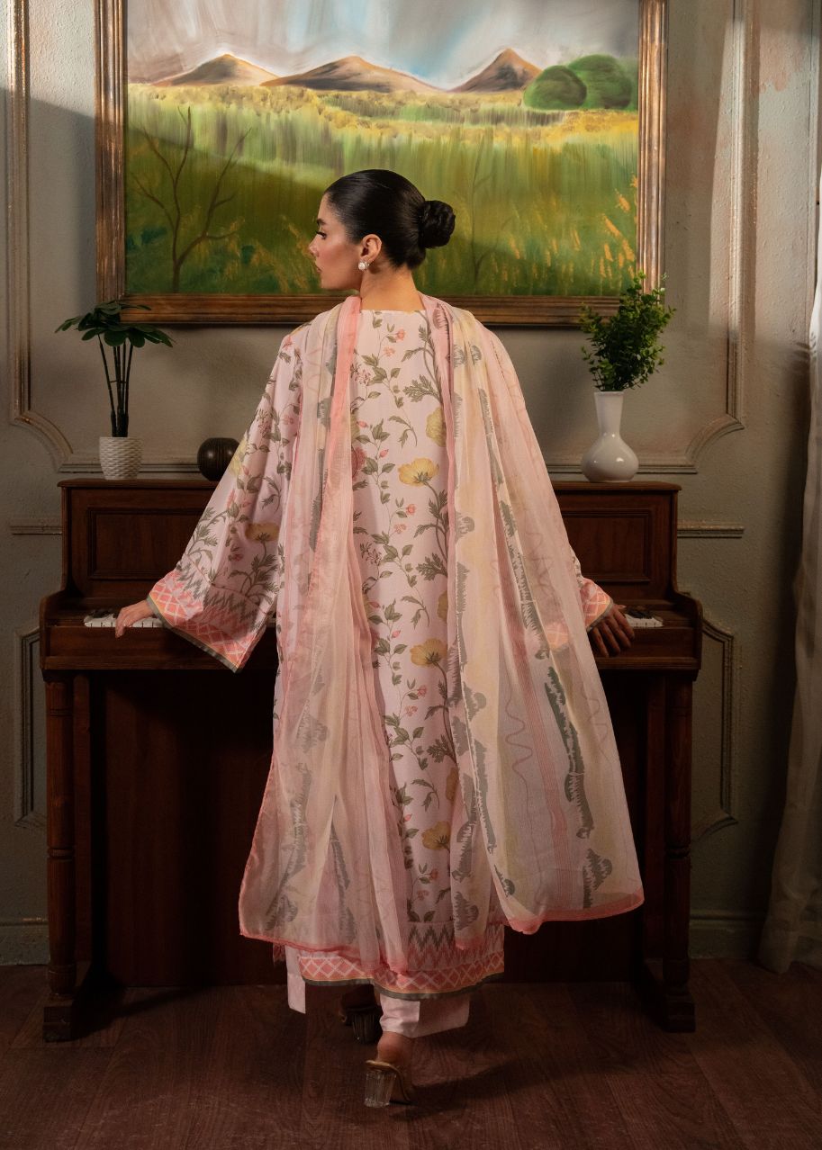 Women's pink floral 3-piece summer suit: back view with flowing dupatta and long kurta