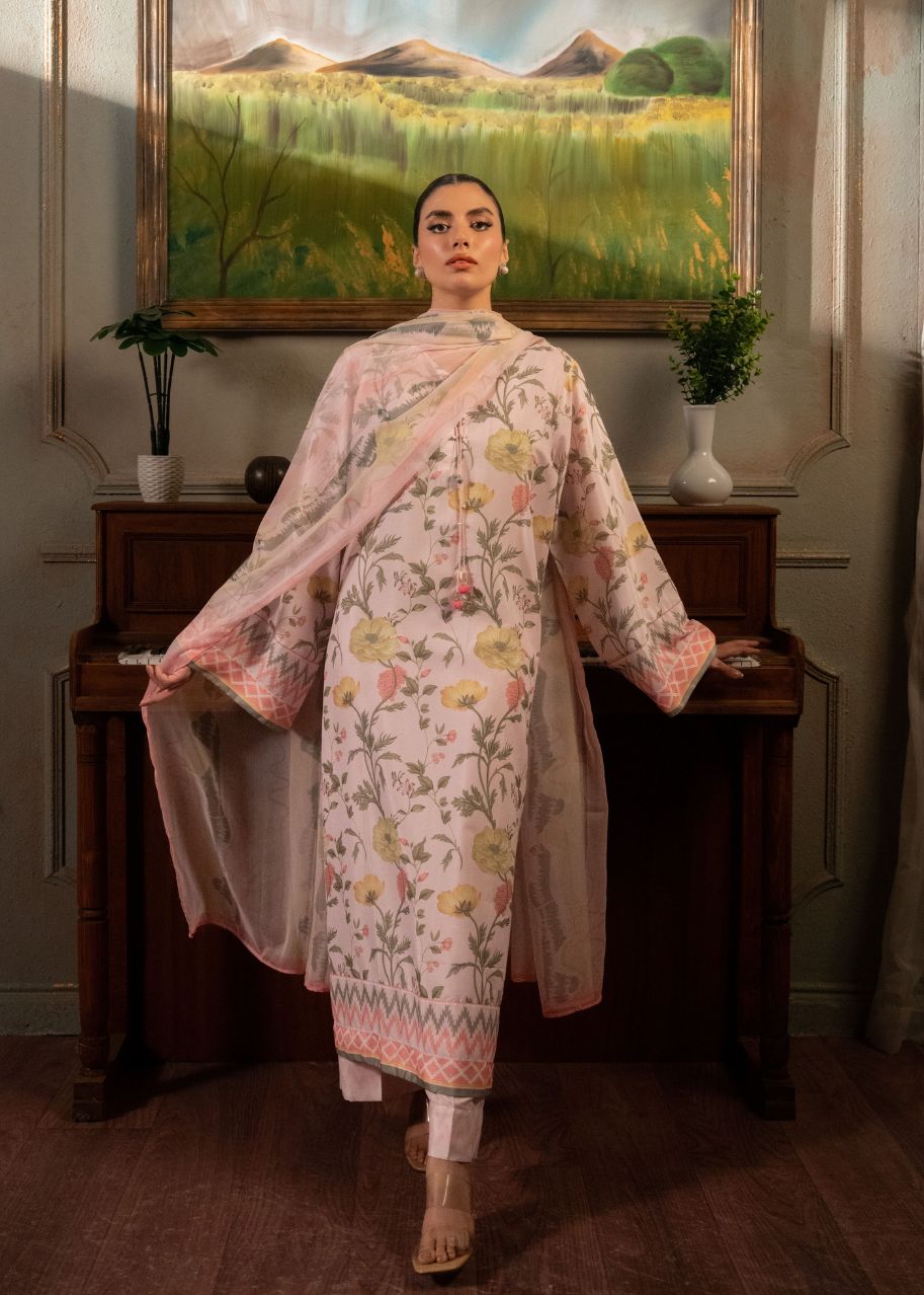 Women's pink floral 3-piece summer suit with straight pants and long kurta, dupatta drape