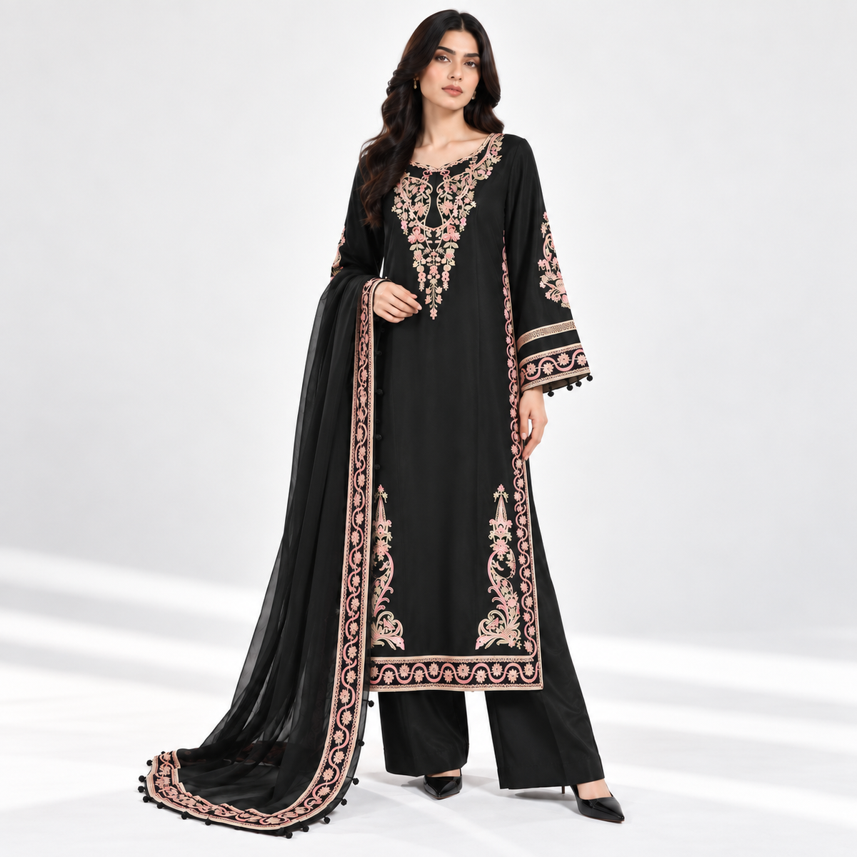 Women's 3-Pcs Embroidered Suit Black