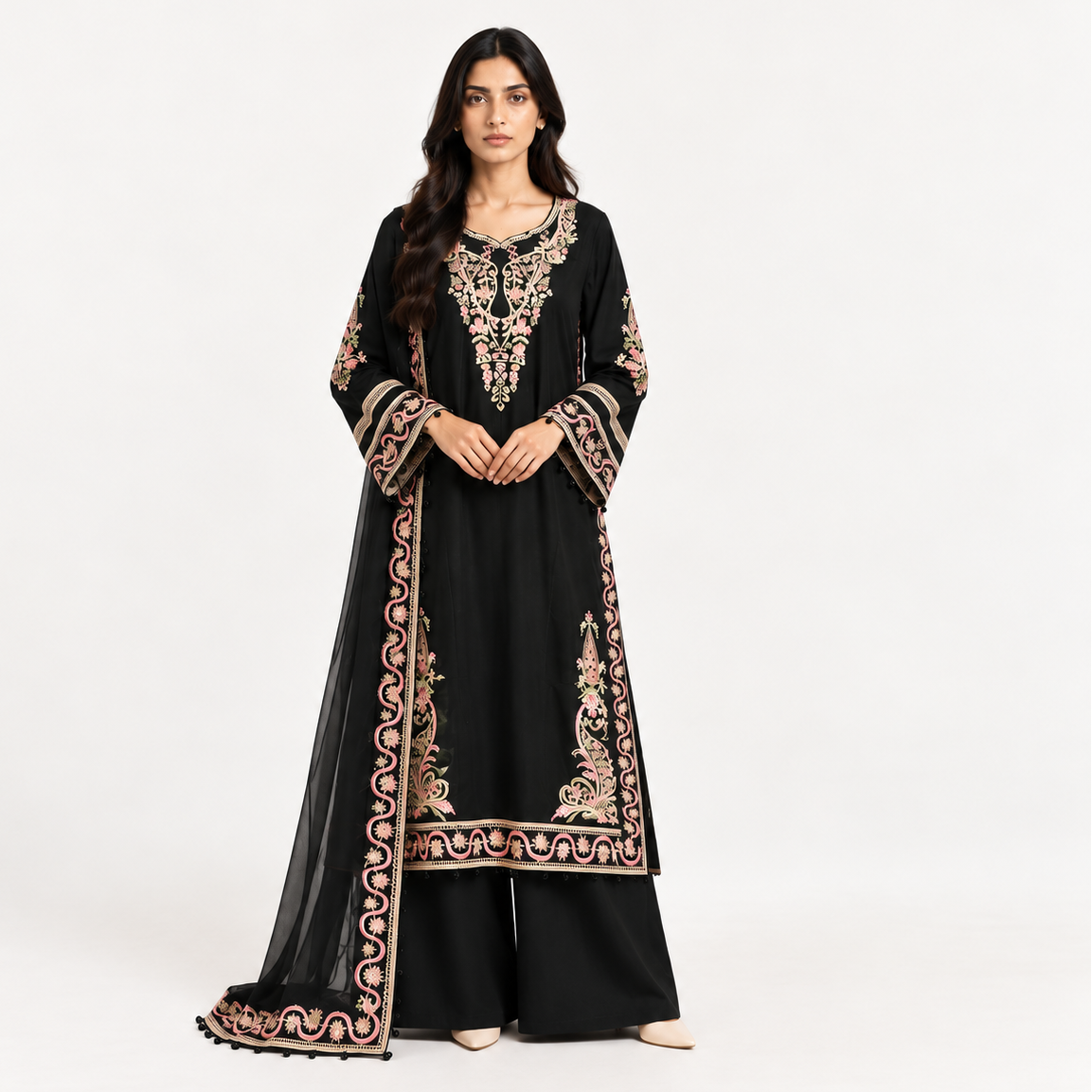 Women's 3-Pcs Embroidered Suit Black