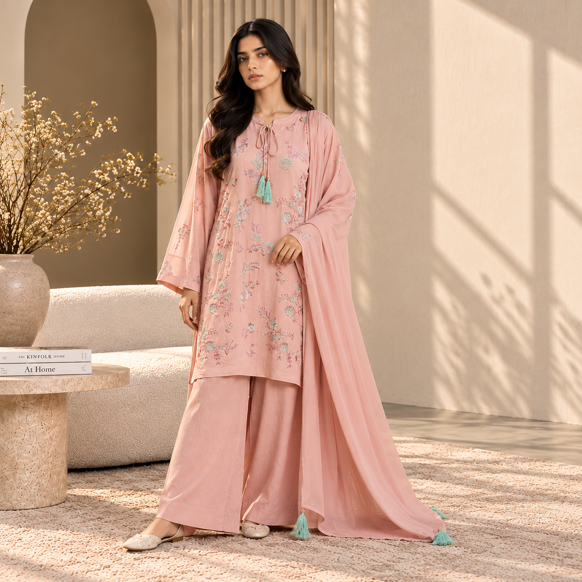 Women's 3-Pcs Embroidered Suit Pink