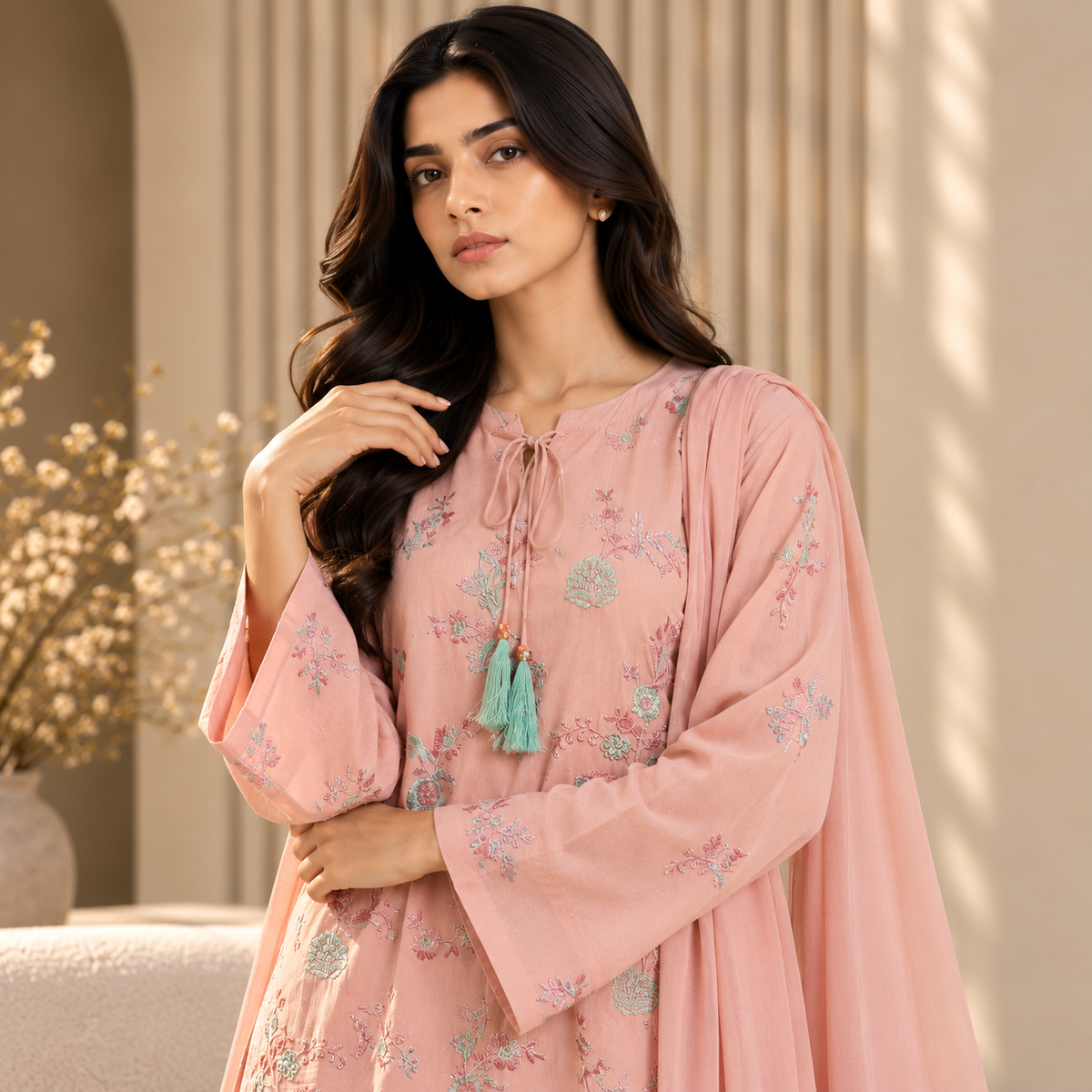 Women's 3-Pcs Embroidered Suit Pink