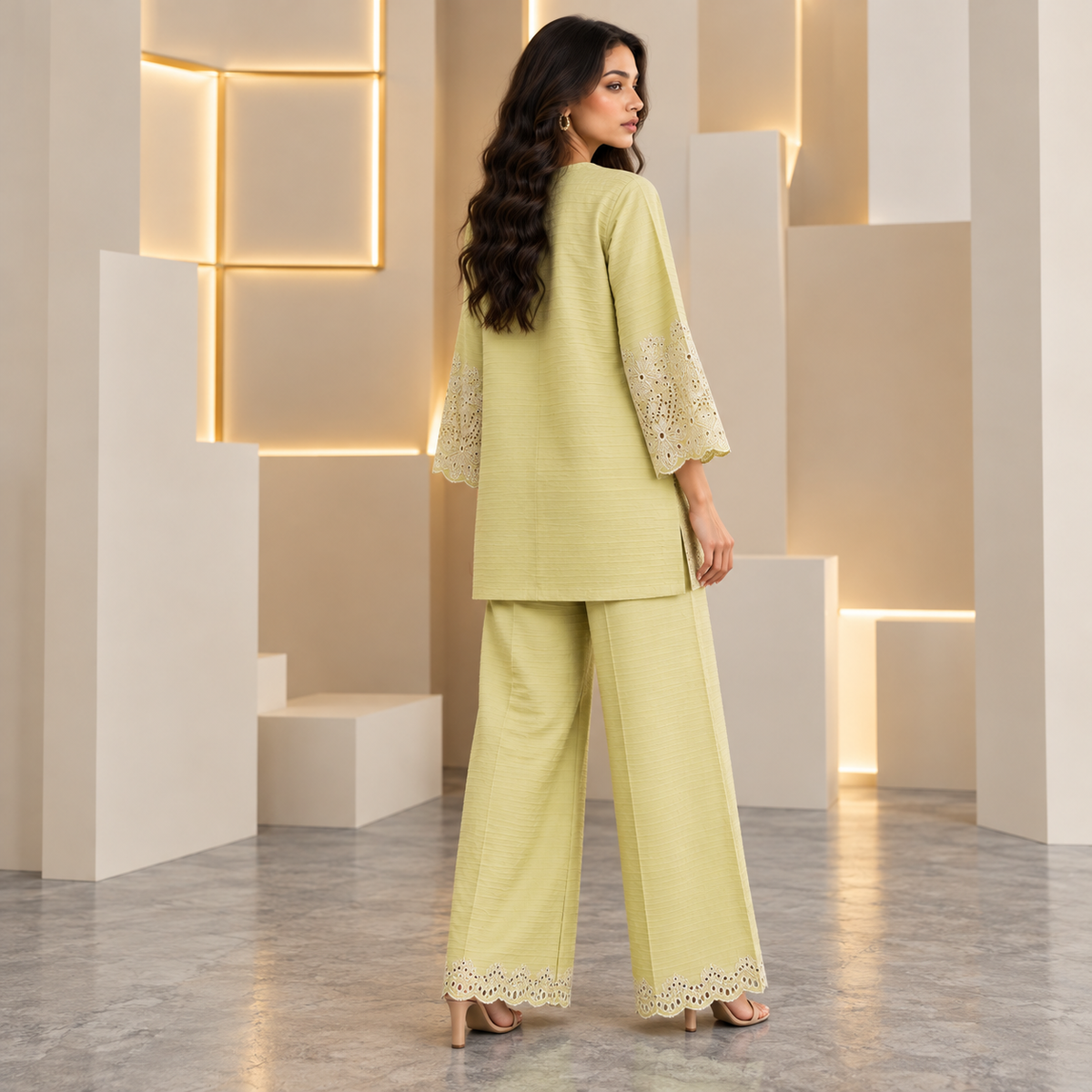 Lime green women's co-ord set with textured tunic and wide-leg pants, eyelet lace hems