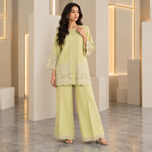 Lime green women's co-ord set: long tunic with eyelet sleeves and matching wide-leg pants