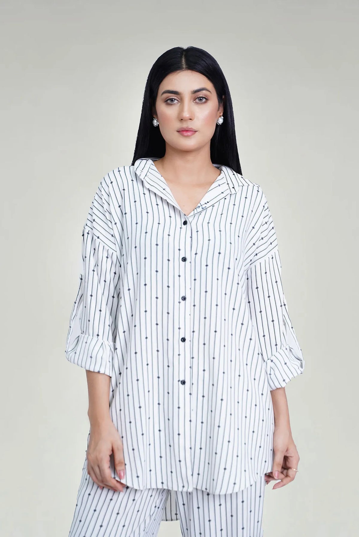 Men's white printed co-ord set with striped shirt and matching straight-leg pants