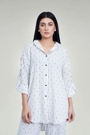Men's white printed co-ord set with striped shirt and matching straight-leg pants