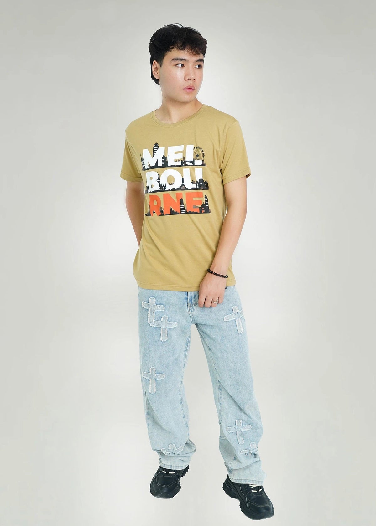 Men's mustard round-neck T-shirt with large multicolor front graphic