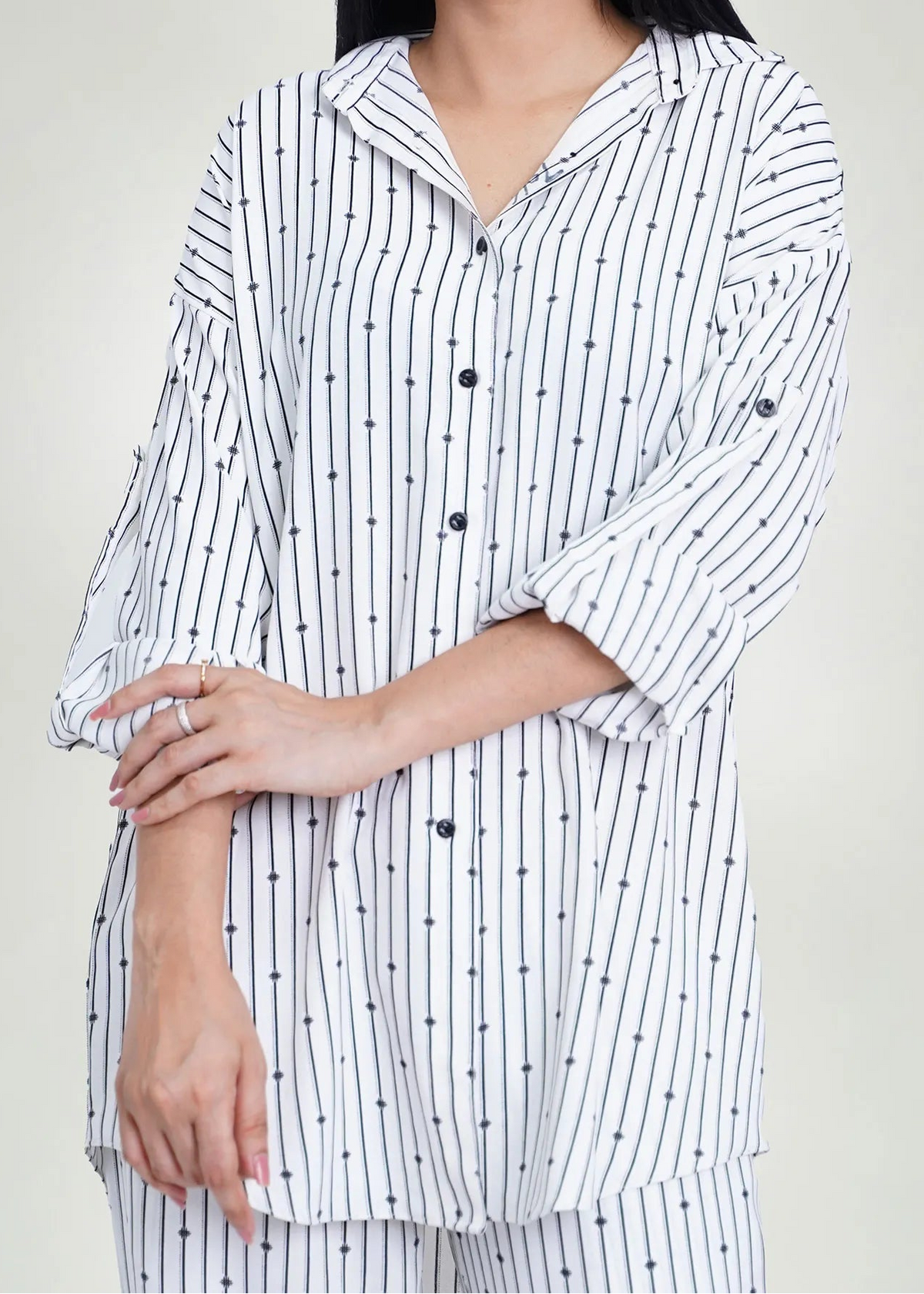 Men's white printed shirt with button front and 3/4 sleeves, part of co-ord set