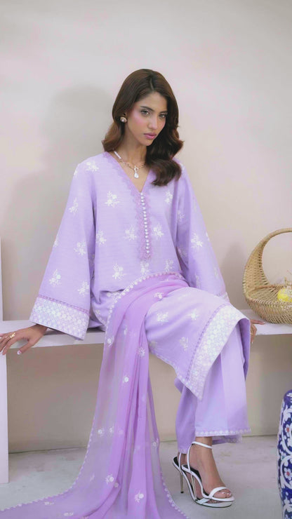 3 PIECE EMBROIDERED SUIT LILAC - LDS-6762