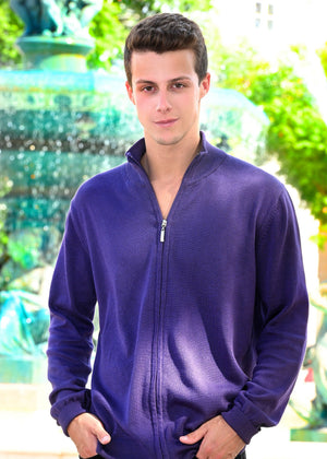 Men’s purple knit cardigan with front zipper, stand collar, and ribbed cuffs