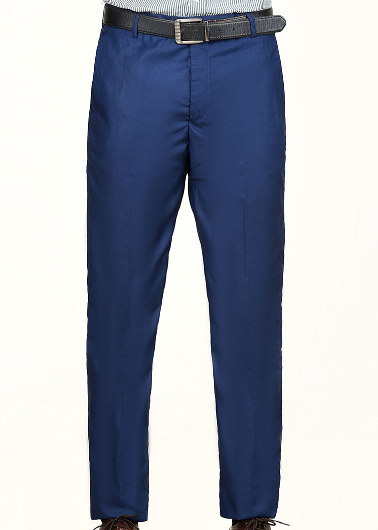 Men's navy dress trousers with belt, front crease, and zip fly