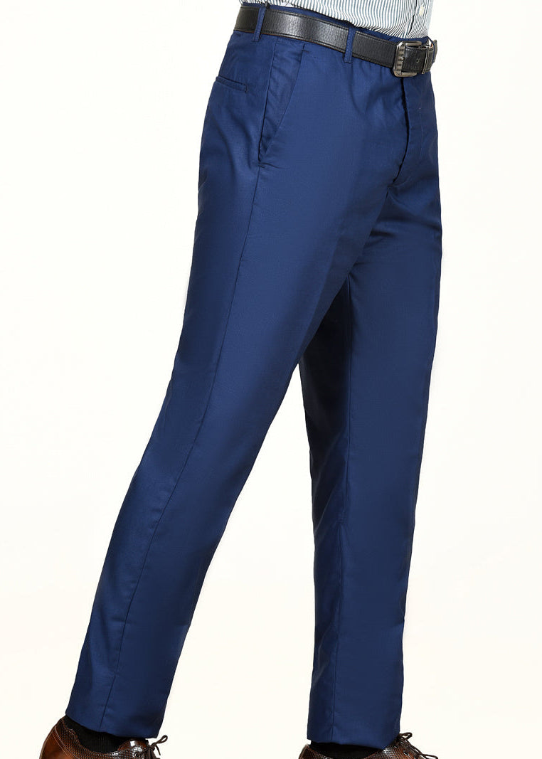 Men's navy dress trousers with belt and side seam detailing, full length