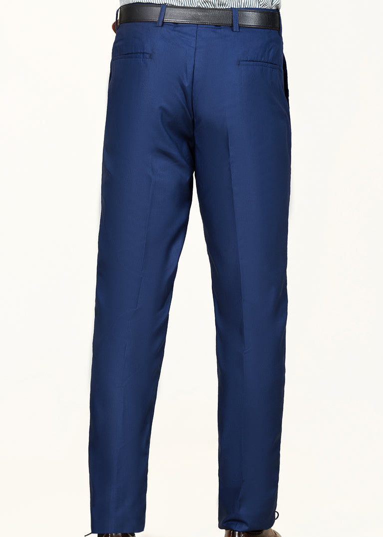 Men's navy dress trousers with belt, front pockets, and tapered leg