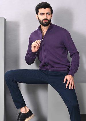 Men’s purple zip-front cardigan sweater with long sleeves and ribbed cuffs