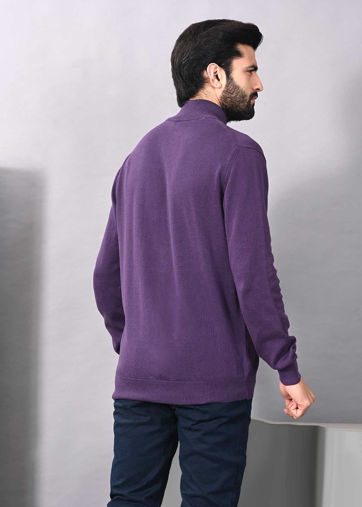 Men’s purple zip-front cardigan sweater shown from the back with long sleeves