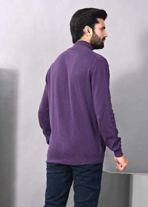 Men’s purple zip-front cardigan sweater shown from the back with long sleeves