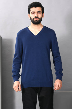 Men's indigo V-neck sweater with long sleeves, ribbed hem and cuffs