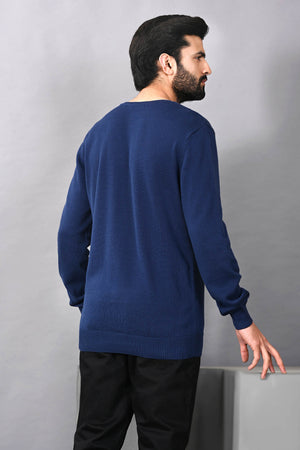 Men's indigo V-neck sweater, long sleeves, ribbed hem, back view