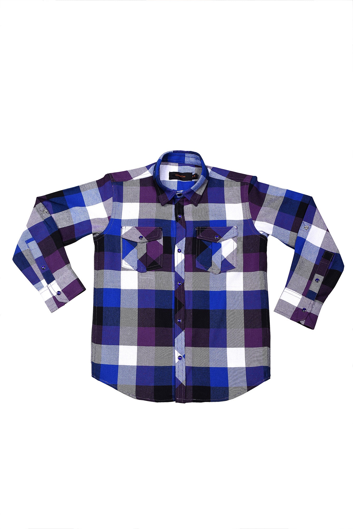 Boys plaid button-up shirt with chest pockets, purple/blue/white long sleeves