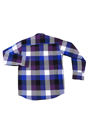 Boys plaid casual shirt in purple, blue, and white with long sleeves
