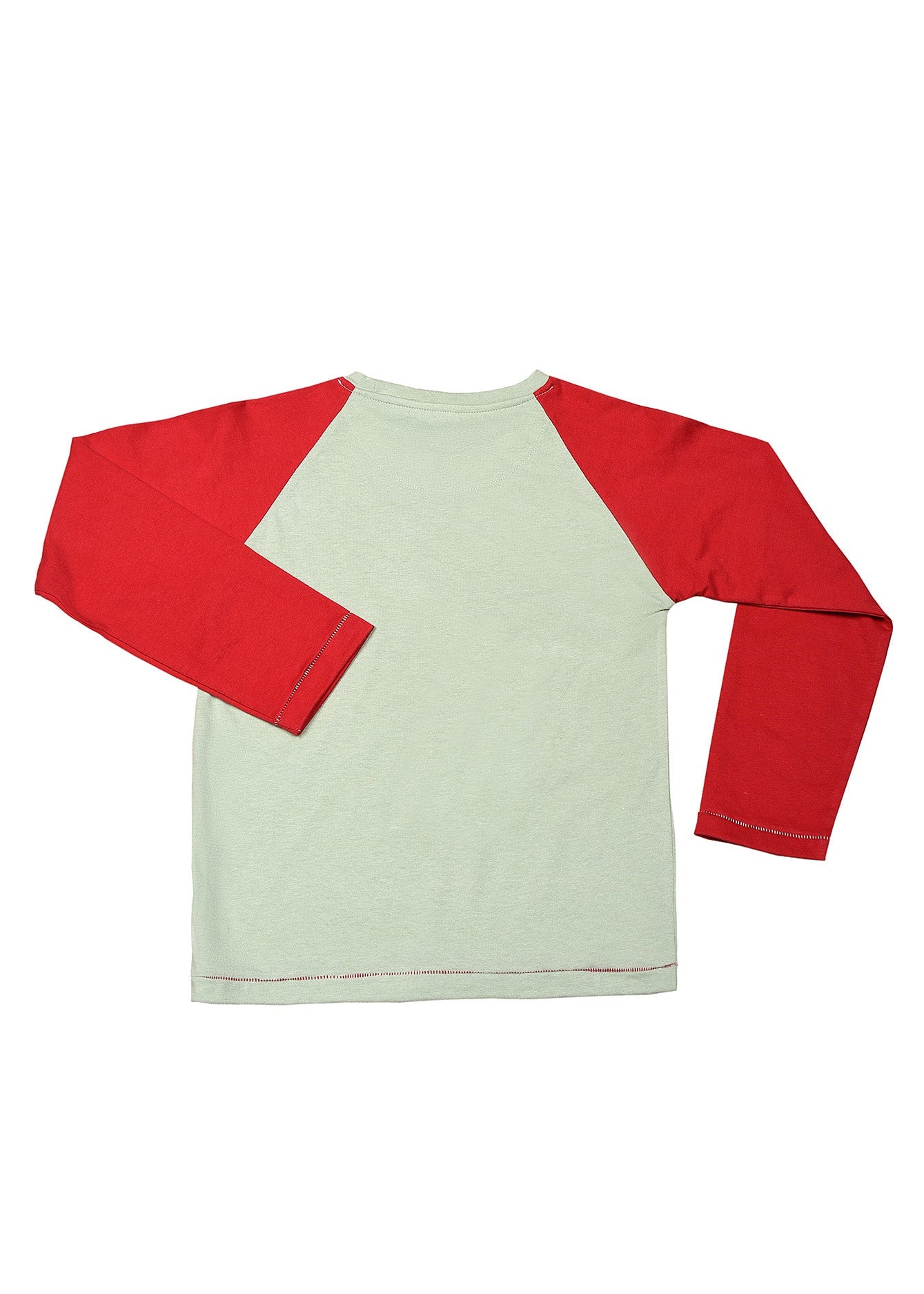 Boys' green raglan T-shirt with red sleeves and crew neck